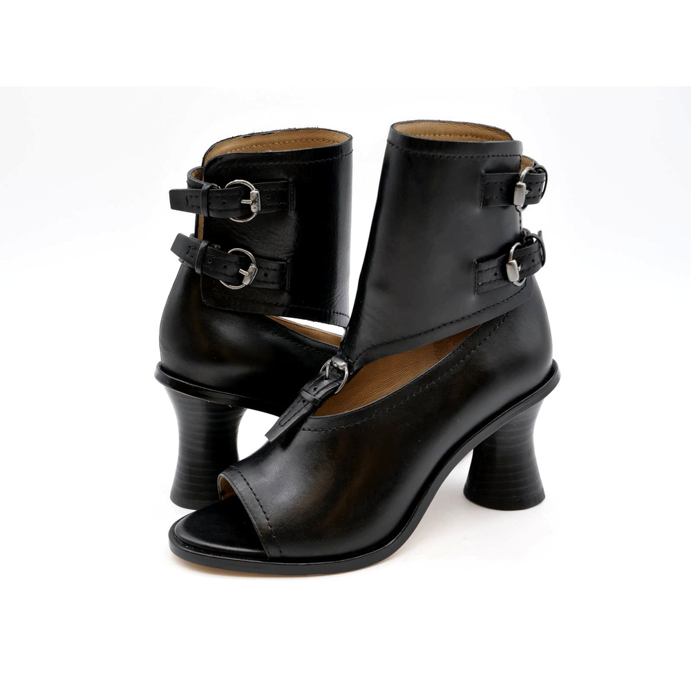 Leon Max Wander Womens 6.5 Bootie Black Leather Ankle Strap Peep Toe Spool Heel